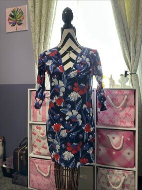 J.Crew Floral V-Neck Women’s Dress in Navy with Red & White Accents tunic  XXS